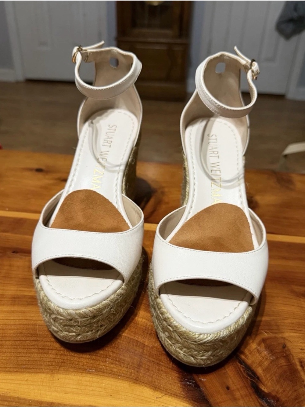 Stuart Weitzman White Espadrille Ankle-Strap Wedges with Tan Insole 7.5
